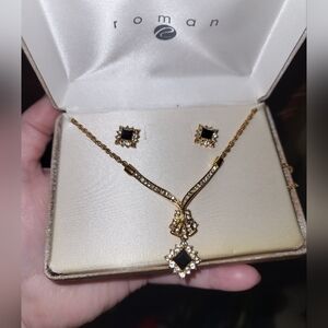 Vintage 80s Signed Roman  Rhinestone Necklace And Earring Set